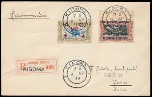 1919, Einschreiben frankiert mit COB N° 33B und 42 „50c. braun-lila – EAAOB Mols-Ausgabe” und „1fr. oliv – Rotes Kreuz Mols 1918-Ausgabe mit Überdruck „A.O.”” (sehr selten auf Briefumschlag), versandt aus Kigoma am 9. April 1919 nach Bern / Schweiz, wo er am 13. Juni 1919 eintraf, selten, einwandfrei