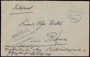 Field post letter, from Eupen, dated 23 April 1916, to Bonne, with cancellation 