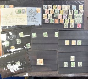 Accumulation of about 150 stamps and a few front sides of letters, many with clearly legible and better cancellations, vf/f/to be checked