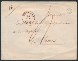 1849 Forerunner without contents, from Beveren, dated 26 April 1849, to Antwerp, nice post box mark 'U' (Kallo) in black, weight indication 16gr. (double charge), distance less than 30 kilometres, charge 2 decimals, charge indication on envelope is not very clear, vf