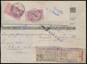 1896 N° 66 „2 Fr. violett auf rosa”, zwei Exemplare (eines perfekt), auf Wechselbrief, Betrag 6.440,70 Fr., ausgestellt in Tourcoing (Frankreich), datiert 19. August 1896, nach Brüssel (Abstempelung Bruxelles R. Chancellerie vom 7. November 1896), frankiert mit 4 Franken 10cx10 bis 1.000 Franken  +  50cx6 (pro 1.000 Fr. über 1.000 Franken), wird selten angeboten, einwandfrei