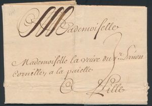1741 Forerunner with contents, from Bruges, dated 26 February 1741, to Lille. Charge 3 decimes, vf