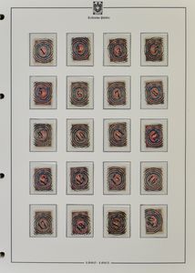 1860 Spectacular collection in ring binder with forgeries n° 1 with various 4-ring number stamps in black n° 1/320 (320 different ones!), then 8 higher numbers in black, followed by 56 items with cancellations in red, blue and green, and finally Russian stamps with the same type of cancellations, from 1858 onwards, all stamps have full gum and slightly different perfs, vf/to be checked