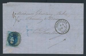 1861 N° 11A „20c. blau”, auf Brief mit Inhalt, Abstempelung P.50-Gosselies, datiert 20. März 1861, nach Charleroi, zweite Gewichtsklasse (15 Gramm) innerhalb von 30 Kilometern, korrekt Frankiert mit 20 Centimes, einwandfrei