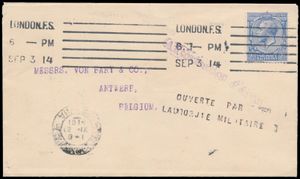 1914 Letter with English stamps Yv. 143 