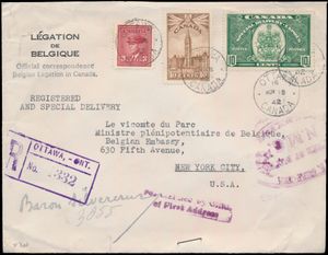 1942 Belgian Legation in Ottawa (Canada), registered letter to Belgian Embassy in New York (USA), vf