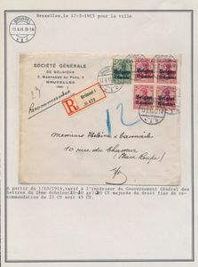 1915, OC 2 and OC 3 (4x), on envelope, cancelled Brussels, dated 17 March 1915, to Brussels, manuscript '23' (23 grams), from 1 October 1914, the inland rate for second weight class letters (between 20 and 40 grams) was 20 cent, the registration fee was 25 cent, together a charge of 45 cent, vf