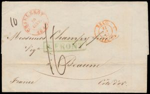 1849, forerunner with content, from Charleroi, Herlant 38, dated 10 January 1849, to Beaune (France). From 1848 onwards, the district cancellations were replaced by R.FRONT and applied by the border office. Cancellation R.FRONT in green frame, manuscript 10 (10 grams), charge 16 decimes (Belgium: second weight class 2d., France: 7d. distance between 300 and 400 km, second weight class =14d. together 16 decimes), vf