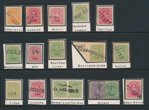 N° 135 and 137/139, 15 copies, all with name stamps, such as Contich, Hautfays, Duffel, Deux-Acren, Bouffiouix, etc., see scan, vf