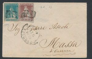 1859 Beautiful letter from Livorno to Massa, franked with n° 4 and 5, very attractive item, vf (Sass. ++€550)