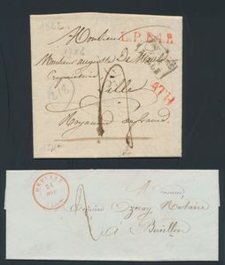 Collection of documents (stationery - letters - letter fragments), period forerunners to Houyoux, +/-200 items, some cancellations, destinations (Madrid), etc., vf/f