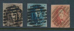 N° 10, P.37-Ecloo (8 bars), N° 11, P.24-Bruxelles (8 bars) and P.12, P.74-Lierre, several griffes present, for the stamp finder and plater, vf (OBP €110)