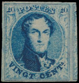 N° 7 „20c. blau”, schöne Ränder mit rechter Nachbar, oben einige Ausdünnungen an der Falz, schön/zu kontrollieren (OBP €840)