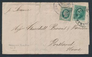 1867 Letter from Mayaguez by steamer to Portland (Maine), franked with Spanish Antilles (Yv.) N° 20 and USA Washington ten cents green, with cancellation 