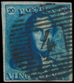 N° 2A-V7, ligne verticale en haut le long de la ligne extérieure du cadre, bien margé, oblitération centrale P.4-Anvers, tb (COB 165 €)