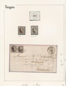 N° 14, 14A, 15A and 15B, all cancelled Pt. 362-Tongeren, 1 letter with N° 14B (in pair), dated 12 July 1865 to Brussels (ex-Scheerlinck) and 1 letter with N° 15B, dated 29 September 1865 to Brussels, vf 