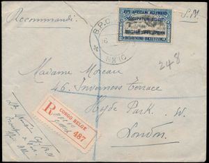 1918, n° 31 ‘25c. blue occupation’ sent by registered mail from B.P.C.V.P.K., n° 10 on 16 March 1918 to London, with handwritten censorship on the back by Lt. Toussaint and transit ‘Kigoma 17 MR’, ‘BASE OFFICE D 22 MAR’ and ‘Paddington 3 JUL 18’, sent by a Belgian soldier from the cycling company of the northern brigade, vf/f