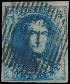 N° 7 „20c. blau”, vollrandig mit schönem zentralem ambulanten Stempel „M.V” vertikal, Luxusstück, einwandfrei (COBA €40)