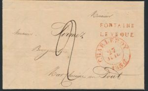 1836 Forerunner with contents, from Fontaine-l'Évêque, two lines in red, together with Charleroi, type 14, Herlant 11, dated 23 July 1836, to Marchienne-au-Pont, charge 2 decimes, vf