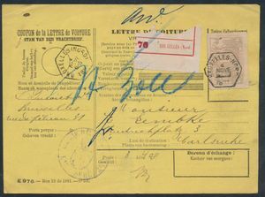 1881 Lettre de voiture - Waybill E. 976 - Service avec les postes de l'Empire Germanique..., en français et néerlandais, affranchie avec TR 13 et oblitérée à Bruxelles (Nord), datée du 4 novembre 1881, à destination de Karlsruhe, tb