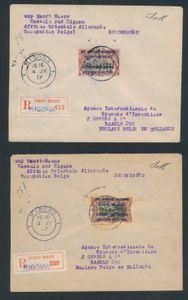 1917, 2 registered letters, one franked with a n° 32 ‘40c.’ and the other with a n° 33 ‘50c.’, sent from Kigoma on 4 July 1917 to the patent agency in Baarle Duc, with three lines of writing on the back: ‘EST AFRICAN ALLEMAND’ - BELGIAN OCCUPATION - DISTRICT OF UDJIJI‘ and ’MILITARY CENSORSHIP