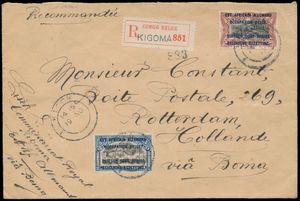 1917 N° 31 and 33 on registered letter from Kigoma, 19 November 1917 to the Netherlands, on the back censorship label from Kigoma, rare, transit London 24 January 1918, vf