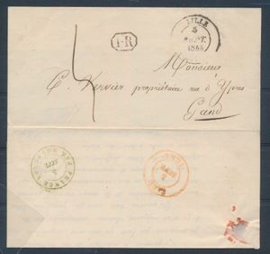 1844, forerunner with contents, from Lille (France), dated 5 September 1844, to Ghent, nice secondary cancellation 1R in black frame (French rayon cancellation), transit mark 