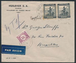 1945 N° 265 (2x) ‘7fr. black’ on airmail letter sent from Bumba on 20-11-45, taxed ‘1fr.’ in Brussels on 27 November 1945, vf