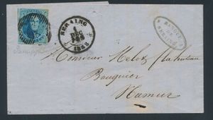 1858 N° 7, „20c blau”, vollrandig mit Nachbar, auf Brief mit Inhalt, unleserlicher Stempel D.11-Seraing, datiert 1. Dezember 1858, nach Namur, schöner Firmenstempel „Banque de Seraing”, einwandfrei