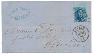1865 N° 15A, „20c blau”, auf Brief mit Inhalt, Abstempelung Pt.12-Anvers, datiert 13. März 65, nach Oostende, mit PRÄCHTIGEM ZWISCHENFELD UND SPUR DES OBEREN NACHBARS, einwandfrei