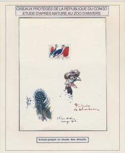 N° 482 ‘Protected birds - 20c. guinea fowl’, design in watercolour, study of some details on cardboard, signed by the author J. Van Noten, vf