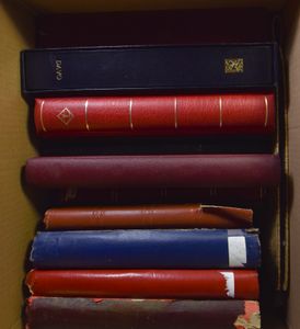 Box with empty Liebig and postage stamp albums, varied condition