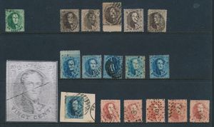 N° 13/16, total of 17 stamps (see scan), with margins, curiosities and colour shades (turquoise blue), some cancellations, nice accumulation, vf