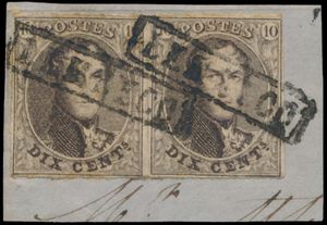 N° 10 „10c. braun”, in vollrandigem Paar auf Fragment, mit schöner (Namens-)Marke „LEMBECQ”, einwandfrei