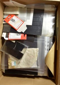 Various items, accumulation of all kinds of supplies such as index cards, plastic sheets, clip strips, etc.