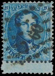N° 15 „20c. blau”, mit unterem Bogenrand, schöne Griffe, einwandfrei