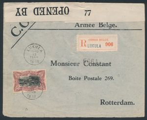 1918, N° 69 ‘50c. lilac brown’ on Belgian army letterhead cover sent by registered post from Lukula on 13 February 1918 to the Netherlands, British censorship wrapper ‘OPENED BY CENSOR 677’, transited London on 5 April 1918, f