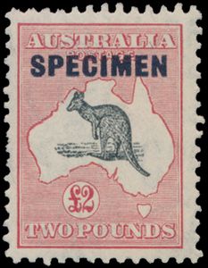 N° 136/38 '1932/35 - Kangaroos 10/-, £1 and £2' with 'SPECIMEN', vf (S.G. £90)