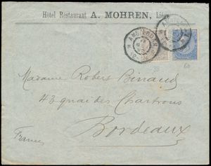 1895 N° 60 „25c. blau”, und Niederländisch Yv. 38 „12 1/2 Cent grau” auf Briefumschlag mit gemischter Frankatur (Niederlande und Belgien), gestempelt in Amsterdam, datiert 11. Mai 1895, nach Bordeaux (Frankreich), bemerkenswert, dass der Briefkopf auf dem Briefumschlag „Hotel restaurant A. Mohren, Liège” Lüttich angegeben, einwandfrei