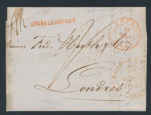 1849, forerunner with contents, from Antwerp, dated 17 November 1849, to London (England), with red cancellation 