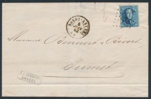 1865 N° 15 „20c blau”, auf Brief ohne Inhalt, Abstempelung Pt. „N.1- Nord 1 - Anvers”, vom 5. Juni 65, nach Jumet, einwandfrei