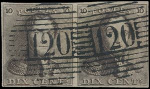 N° 1-V1, en paire, positions 22 et 23, oblitération P.120-Tournai, tb (COB 455 €)