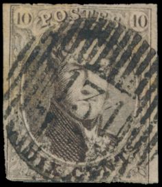 N° 10 „10c. braun”, unten eingeschnitten, schöner zentraler Stempel D.131-Evergem, einwandfrei/schön (COBA 75 €)