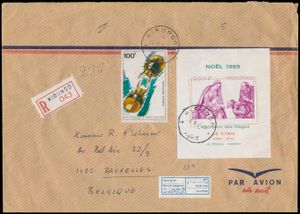 1993, Rwanda, registered airmail envelope franked with COB nr 510 and Minisheet BF100 with curiosity of perforation 