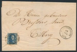 1853 N° 7 „20c. blau”, vollrandig, auf Brief ohne Inhalt, unklare Abstempelung auf der Marke, aber Abgangsstempel ist Hoogstraeten, datiert 23. Dezember 1853, nach Tilburg (Niederlande), Anwendung des Grenztarifs mit den Niederlanden, für Abstände unter 50 Kilometern, einwandfrei
