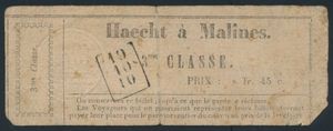 Billet de train de la ligne Haecht-Malines, troisième classe, avec cachet rectangulaire 