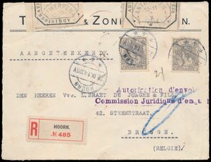 1914 Registered letter with Dutch stamp Yv. 53 '10c grey' (twice), with the Hoorn cancel, dated 22 September 1914, to Bruges, with 'Antwerp 1 Y / Anvers 1 Y', dated 24 September 1914, recto has the violet line stamp of the legal censorship office 'Autorisation d' envoi / Commission Juridique d'enquête', with strips from 'Beheer des Posterijen' and the administrative designation in blue pencil '0' placed. Arrival in Bruges, dated 6 October 1914, beautiful document, vf