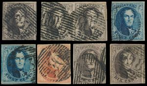 N° 3/10, 7 stamps, beautiful cancellations (P.108, P.98), with var. N° 10A-V5, etc., high vf value, mint 