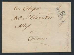 1801 Voorloper met inhoud, vanuit Herve , Herlant 6 (96/Herve), dd. 2 Messidor An 11 (21 juni 1801), naar Colmar, port 7 decimen (6de zone en 1ste echalon), zm 