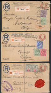 Registered letter England, 3 copies, all franked (perfins), to Antwerp, with Anvers note strip, one with wax seal, vf